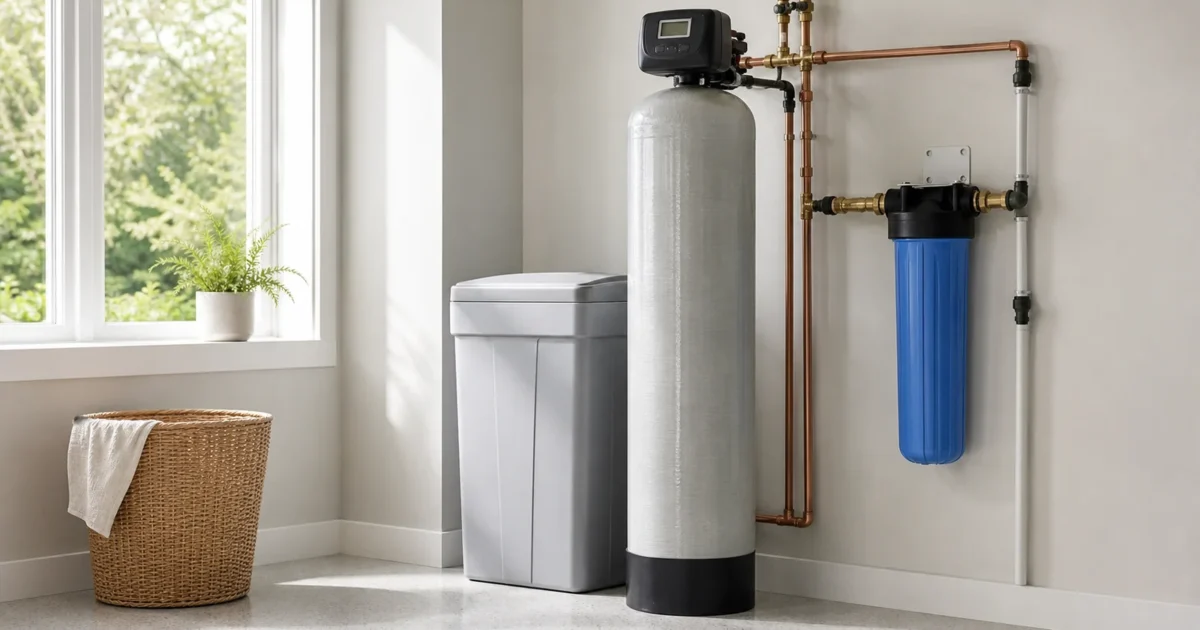 A water softener tank, brine tank, and whole-house filter housing arranged in a bright clean utility room, wide composition