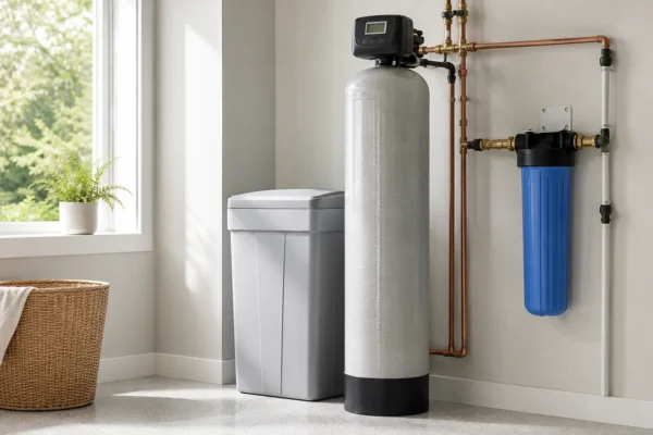 A water softener tank, brine tank, and whole-house filter housing arranged in a bright clean utility room, wide composition