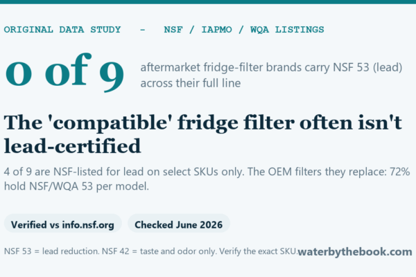 The 'compatible' fridge filter often isn't lead-certified -- 4 of 9 are NSF-listed for lead on select SKUs only. The OEM filters they replace: 72% hold NSF/WQA 53 per model.
