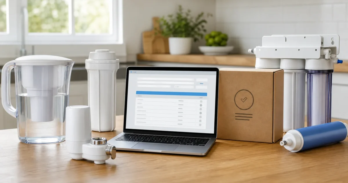 A water filter box printed with an NSF certification mark next to a laptop showing the NSF filter certifications listing database search page