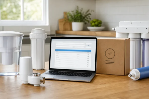 A water filter box printed with an NSF certification mark next to a laptop showing the NSF filter certifications listing database search page