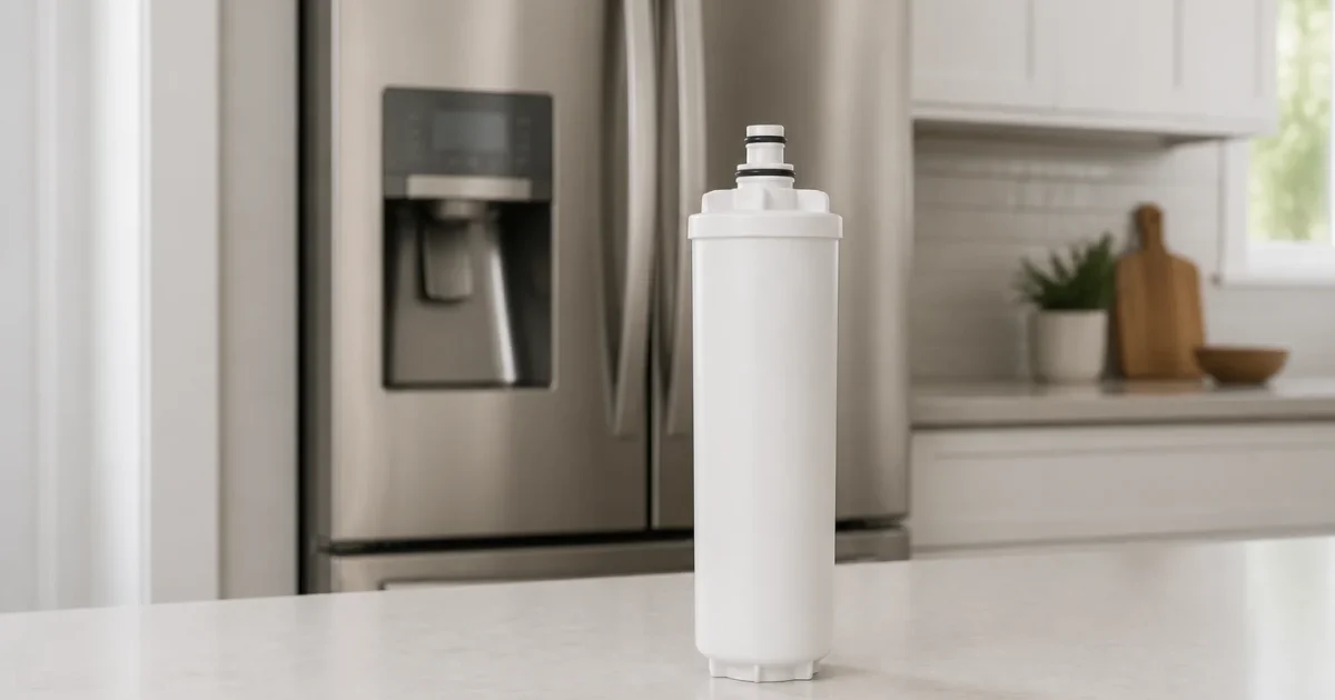 A white Midea refrigerator water filter cartridge standing on a kitchen counter in front of a French-door refrigerator