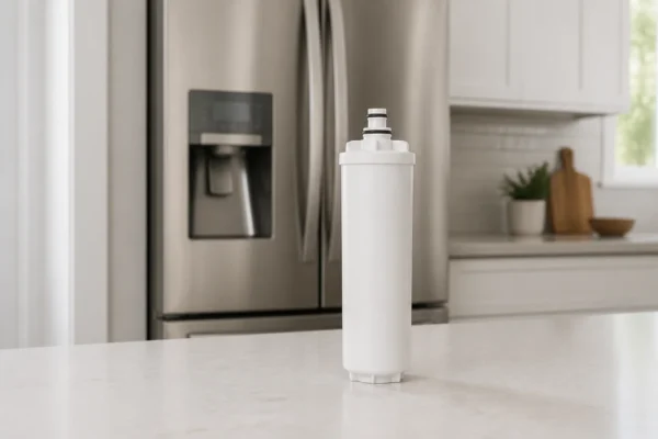 A white Midea refrigerator water filter cartridge standing on a kitchen counter in front of a French-door refrigerator