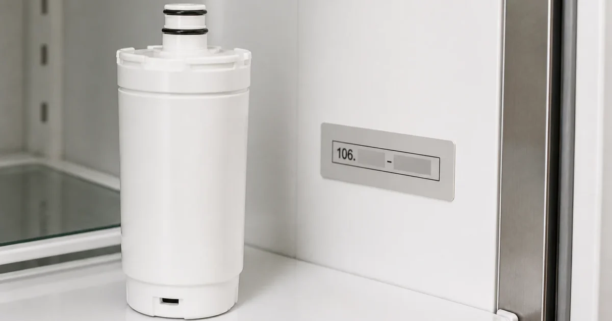A Kenmore refrigerator water filter cartridge next to a refrigerator's model number tag showing the prefix used to identify it