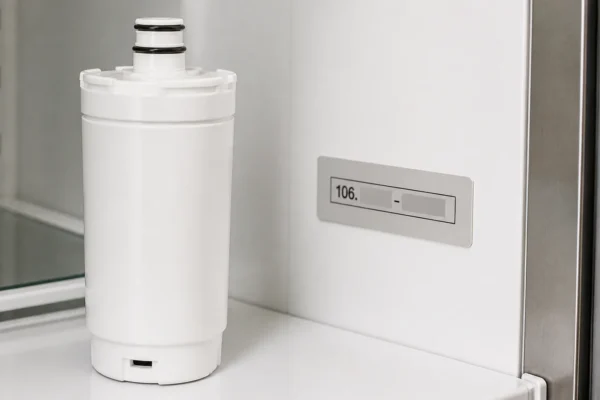 A Kenmore refrigerator water filter cartridge next to a refrigerator's model number tag showing the prefix used to identify it
