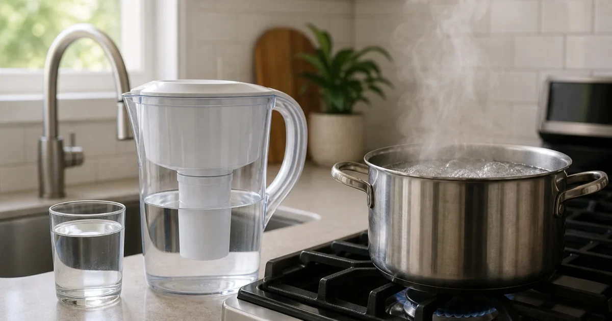 A pitcher water filter sitting next to a pot of water at a rolling boil on a stovetop, showing what a boil water advisory filter can and cannot do
