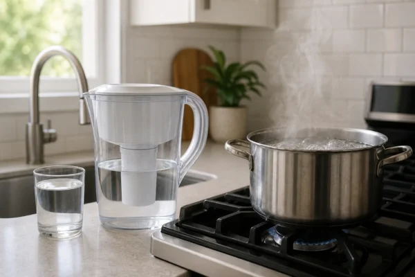 A pitcher water filter sitting next to a pot of water at a rolling boil on a stovetop, showing what a boil water advisory filter can and cannot do
