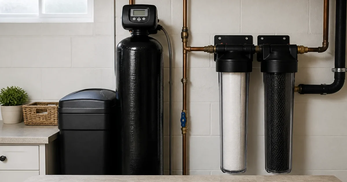 A water softener resin tank installed next to a whole-house sediment and carbon filter system in a basement, illustrating the water softener vs whole-house filter decision