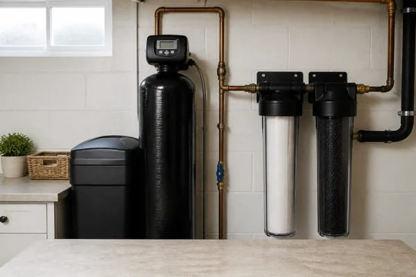 A water softener resin tank installed next to a whole-house sediment and carbon filter system in a basement, illustrating the water softener vs whole-house filter decision