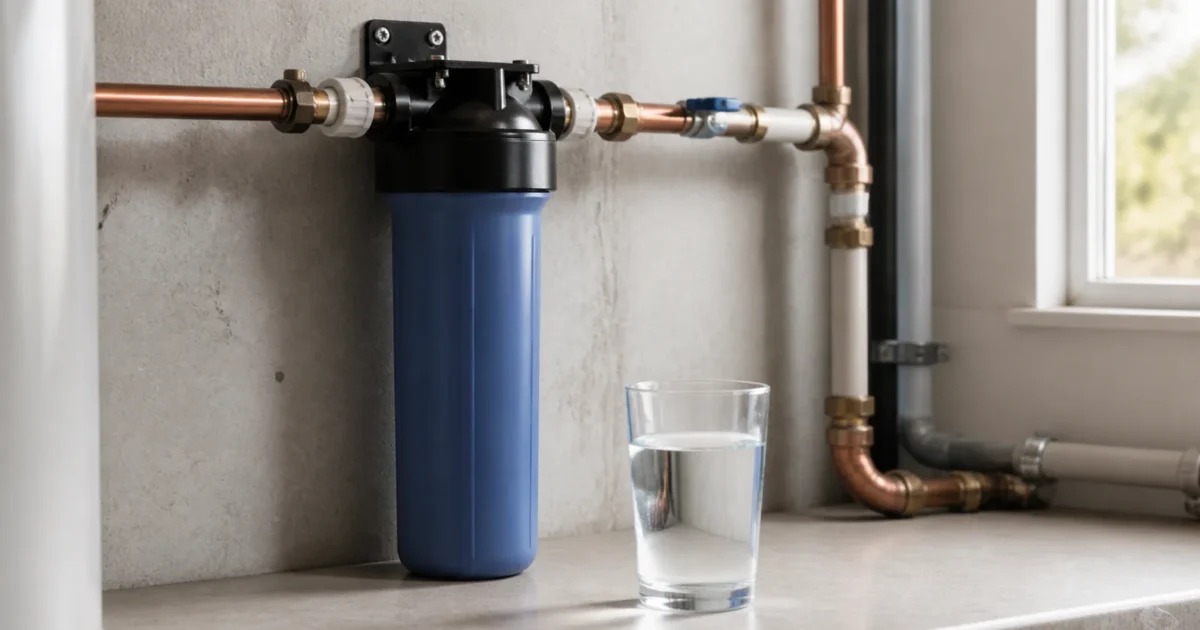 A salt-free water softener TAC conditioner tank installed on a home's main water line, illustrating what salt-free water softeners actually do to control scale