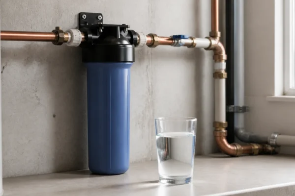 A salt-free water softener TAC conditioner tank installed on a home's main water line, illustrating what salt-free water softeners actually do to control scale
