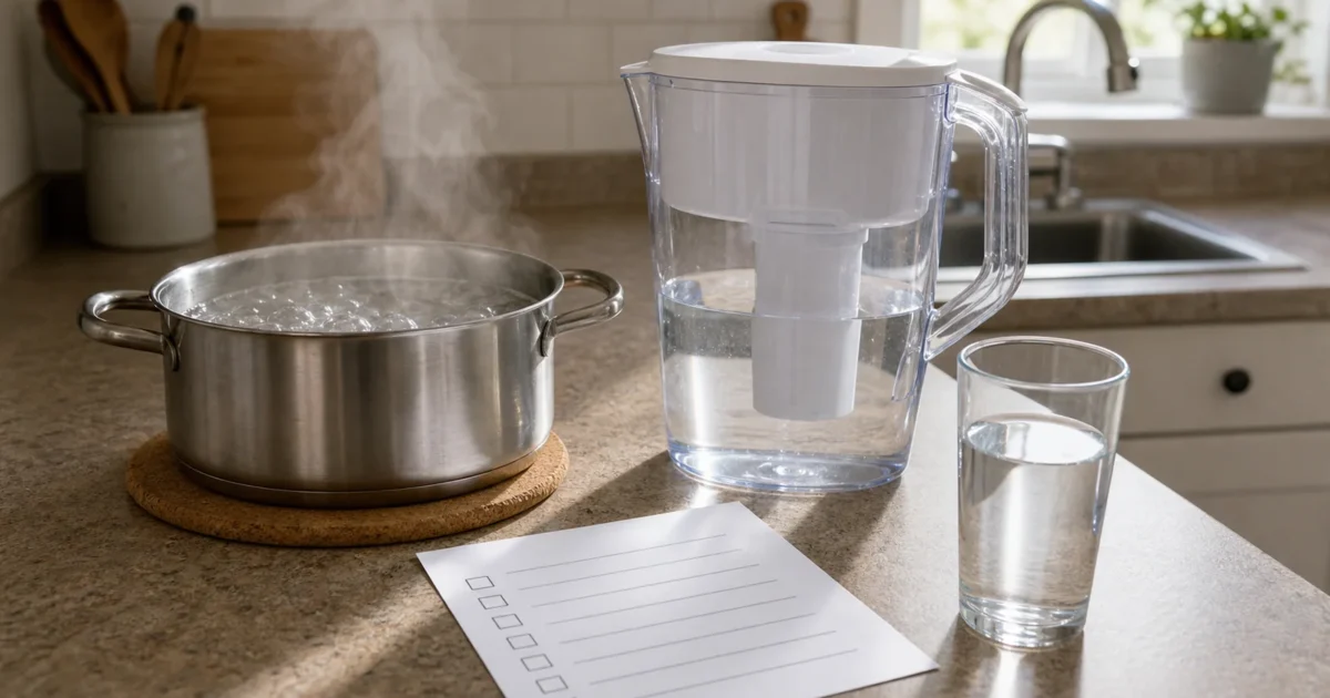 A printed boil-water advisory checklist next to a pot of boiling water and a water filter pitcher on a kitchen counter