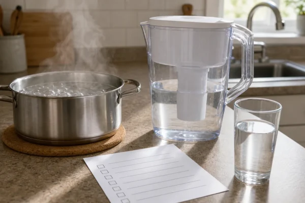 A printed boil-water advisory checklist next to a pot of boiling water and a water filter pitcher on a kitchen counter