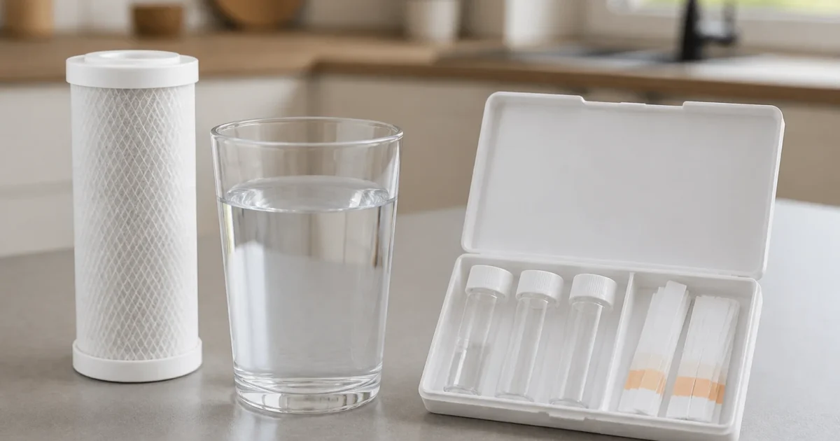 A glass of tap water next to a water-testing kit, representing testing for chromium-6 in drinking water