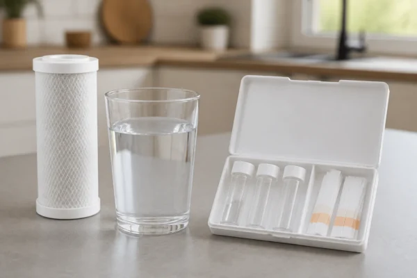 A glass of tap water next to a water-testing kit, representing testing for chromium-6 in drinking water