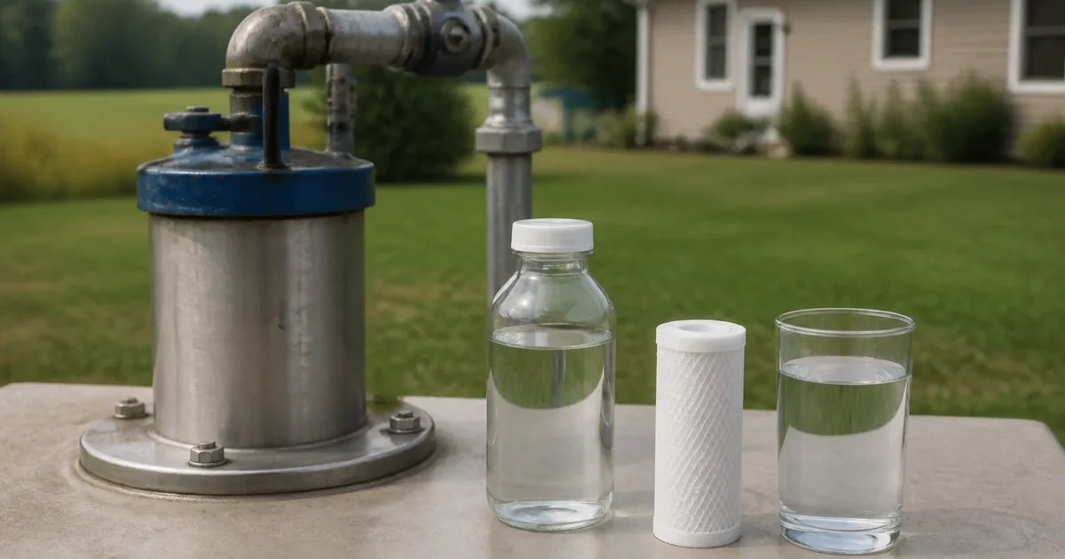 A private well wellhead next to a water sample bottle being lab-tested for arsenic in well water