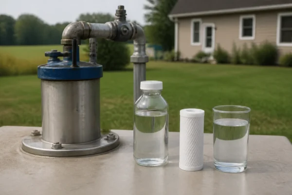 A private well wellhead next to a water sample bottle being lab-tested for arsenic in well water