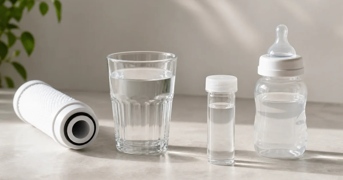 A water sample being lab-tested for nitrate in drinking water, next to a baby bottle representing the infant health risk