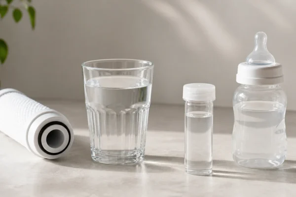 A water sample being lab-tested for nitrate in drinking water, next to a baby bottle representing the infant health risk