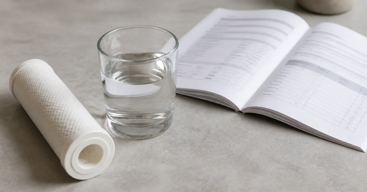 A glass of tap water next to an open consumer confidence report, illustrating chloramine vs chlorine identification for filter selection