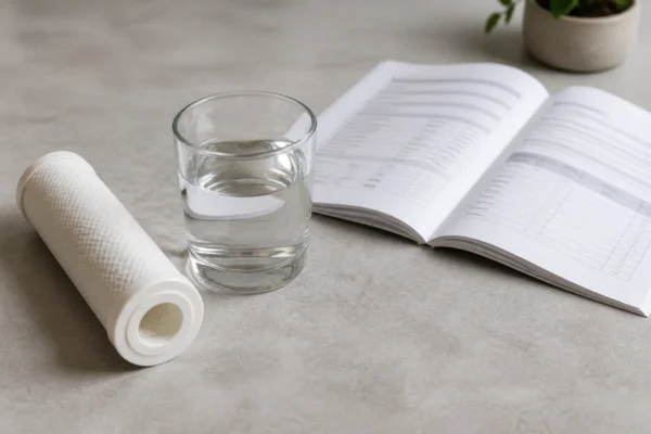 A glass of tap water next to an open consumer confidence report, illustrating chloramine vs chlorine identification for filter selection