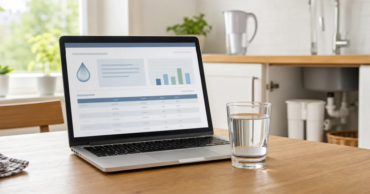 A homeowner checking their EPA water quality report on a laptop next to a glass of tap water, illustrating how to find out what's in my tap water
