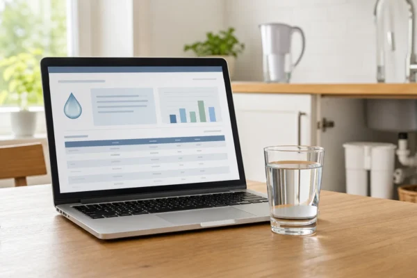 A homeowner checking their EPA water quality report on a laptop next to a glass of tap water, illustrating how to find out what's in my tap water